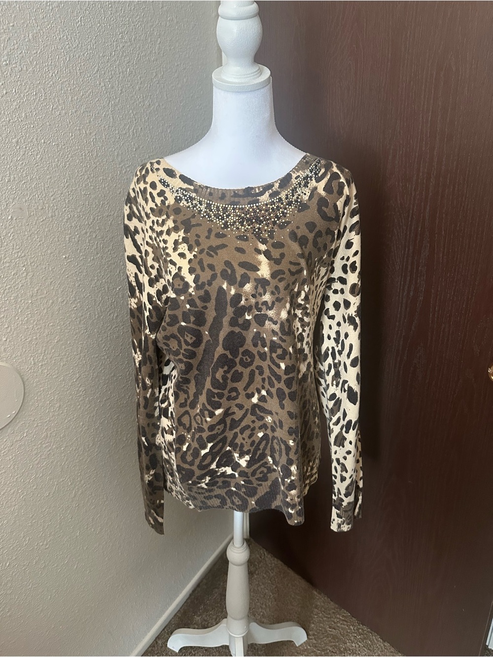 Christine Alexander Leopard Print Long Sleeve Top with Rhinestone Neck